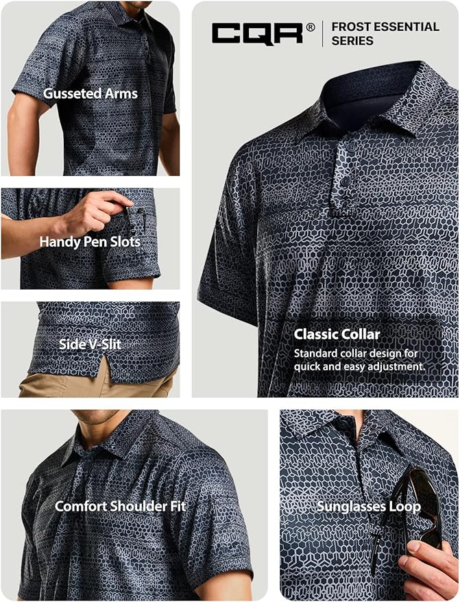 CQR Men's Polo Shirts, Tactical Short Sleeve Golf Performance Shirts, Lightweight Dry Fit UPF 50+ Pique