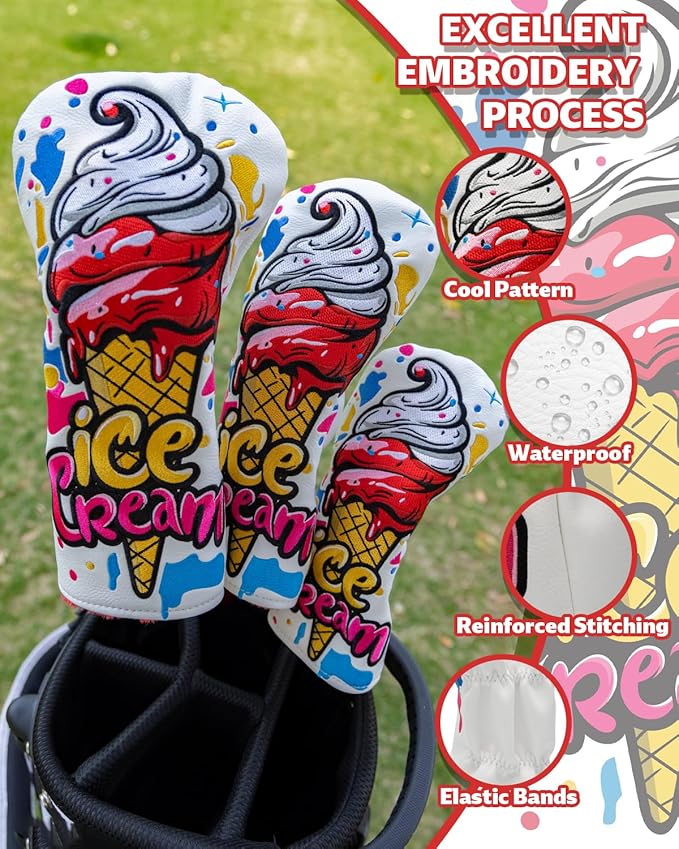 Golf Club Head Covers, Ice Cream Golf Headcovers for Drivers, Fairway Woods, Hybrids, Mallet Blade Putter Cover, Funny Golf Club Covers with Premium PU Leather and Advanced Embroidery for Most Brands