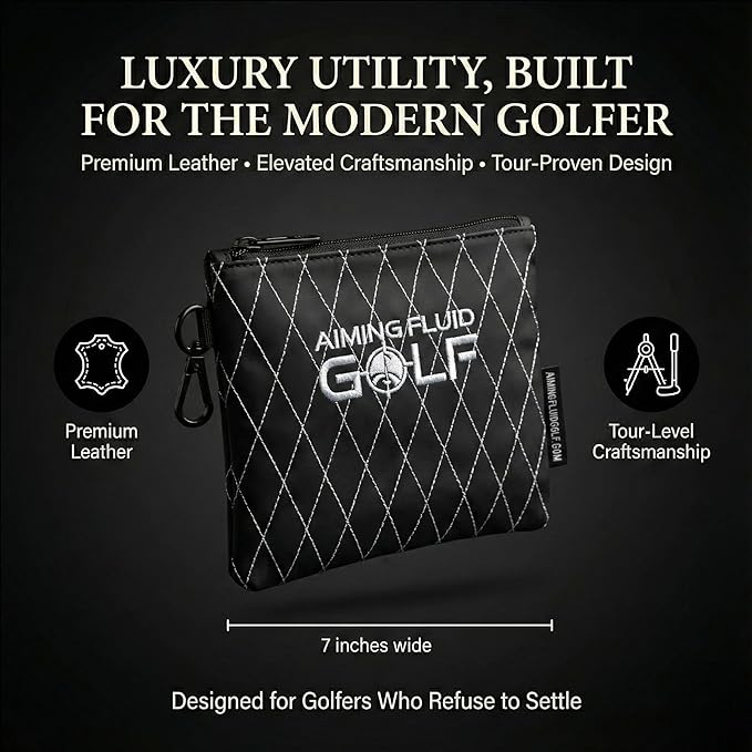 Premium Leather Golf/Travel Valuables Pouch – Luxury Zippered Utility Bag I Diamond Stitching I 360° Swivel Clip I Soft Interior for Golf Accessories & Travel Essentials (Black)