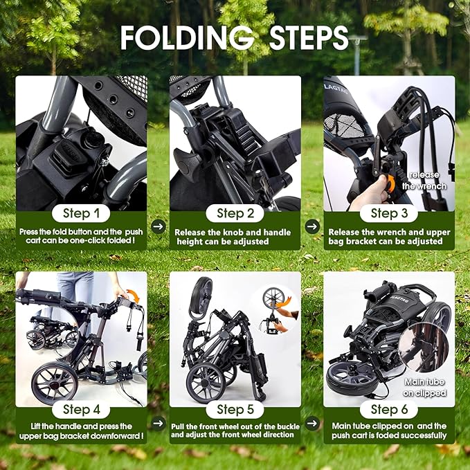 Golf Push Cart 3 Wheel,Foldable Golf Push Cart,Golf Bag Cart with Foot Brake,Umbrella Holder, Cup Holder, Storage Compartment