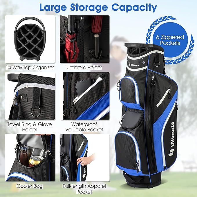 ULTIMATE 14-Way Golf Stand Bag, Portable Golf Bag w/ 6 Pockets,Cooler Bag & Waterproof Valuable Pocket, Rain Hood, Ergonomic Dual Strap System & Carrying Handles, 5 LBS Lightweight for Adults