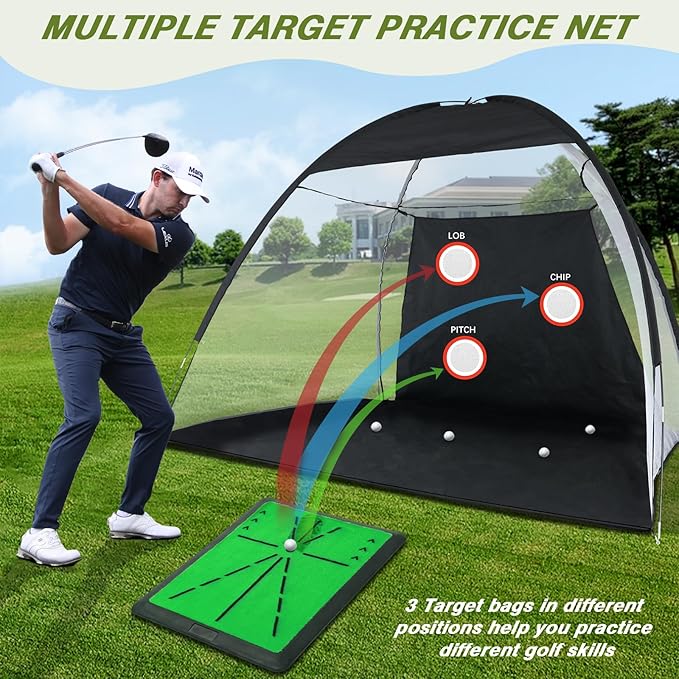Golf Net, 10x7FT Golf PracticeNet with Swing Mat, Golf Hitting Net for Backyard Driving, Indoor/Outdoor Training Chipping Aid Nets with Targets, Gifts for Men/Dad/Him