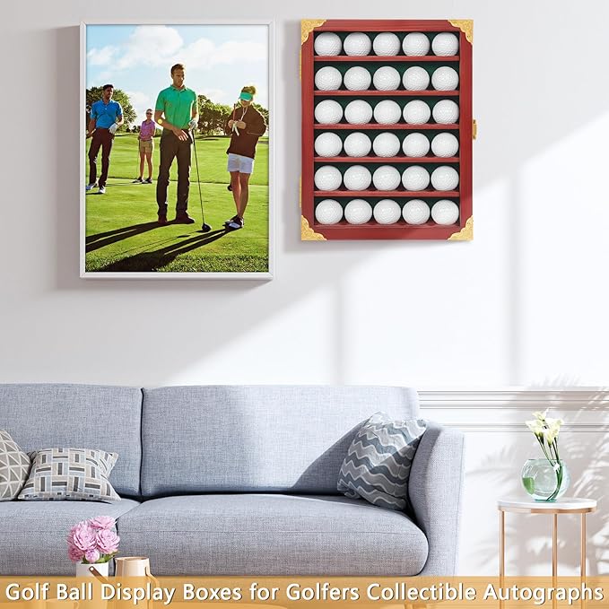 Golf Ball Display Case, Solid Wood Golf Ball Holder, Wall Mounted Golf Ball Rack with Acrylic Door for Golf Enthusiasts (Mahogany, for 30 Golf Balls)