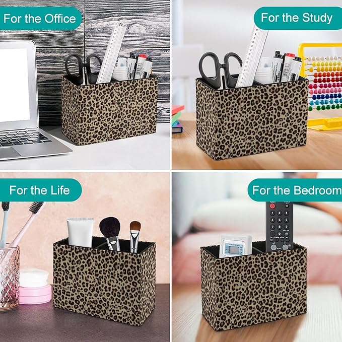 Pen Holder, Pencil Holder for Desk Organizer, Leopard Print Skin PU Leather Pencil Cups Desktop Stationery Storage Makeup Brush Holder Pen Organizer for Office Home