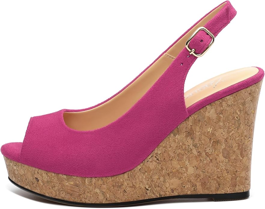Womens Wedge Platform Sandals Peep Open Toe Slingback Buckle High Heel Dress Shoes Pumps Suede 3.94 Inch
