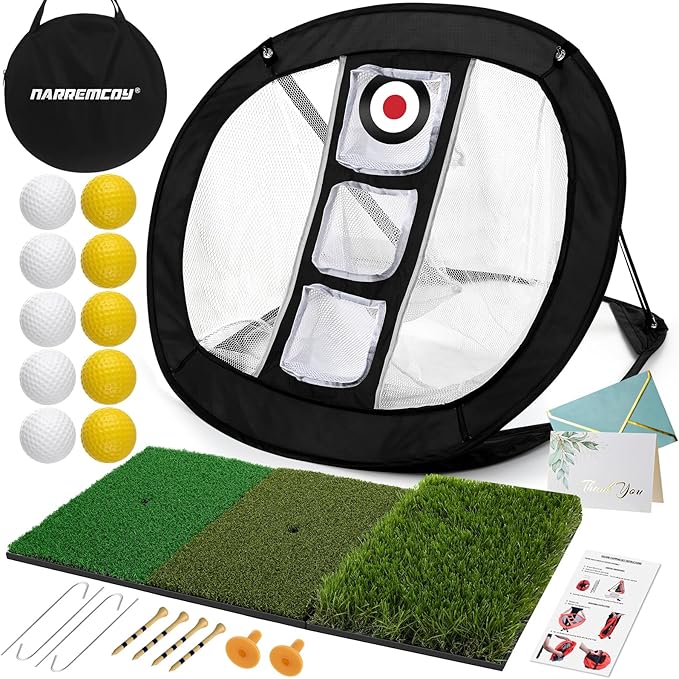 Golf Chipping Net with Tri-Turf Hitting Mat Set - Foldable Practice Target, 12 Foam Balls & 6 Tees in Carry Bag - Indoor Outdoor Backyard Golf Precision Training Aid & Gift for Beginners