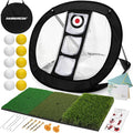Golf Chipping Net with Tri-Turf Hitting Mat Set - Foldable Practice Target, 12 Foam Balls & 6 Tees in Carry Bag - Indoor Outdoor Backyard Golf Precision Training Aid & Gift for Beginners