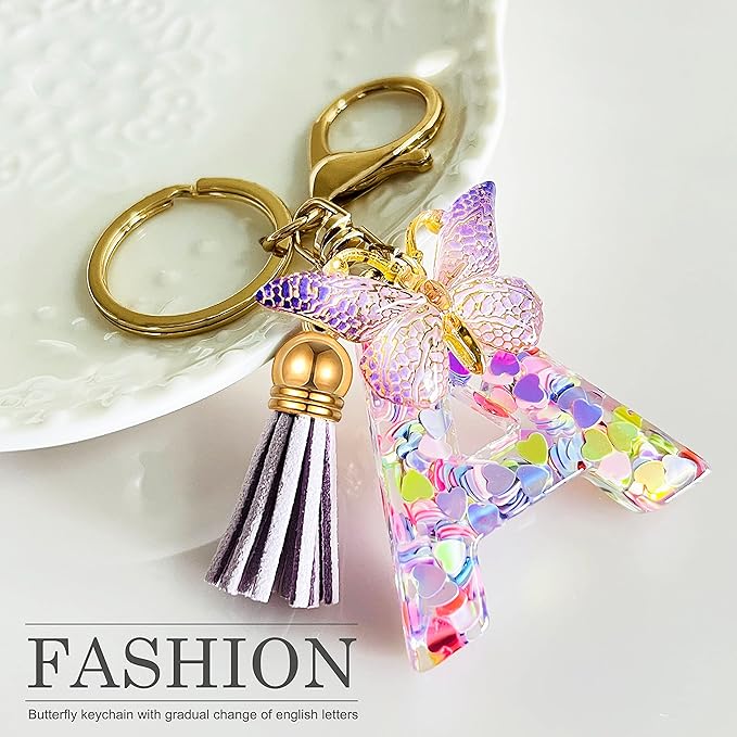 JINGUAZI Initial letter Keychains for Women Tassel Butterfly Pink Purple Cute Car Keychain for Wallet Backpack bag charm