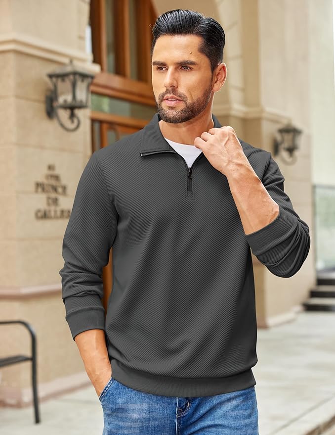 COOFANDY Mens Quarter Zip Pullover Sweatshirts Lightweight Long Sleeve Mock Neck Sweater Polo