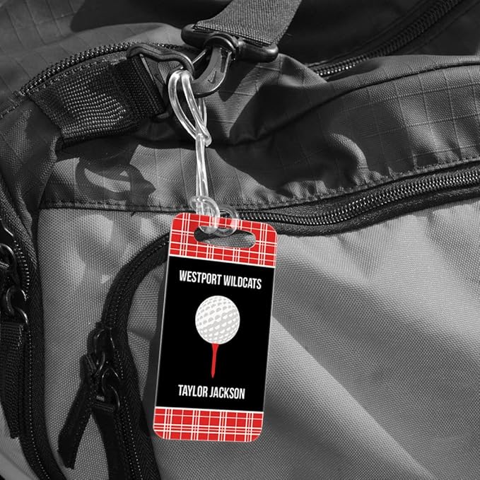 ChalkTalkSPORTS Golf Luggage & Bag Tag | Personalized Team with Golf Ball | Standard Lines on Back | Small | Red/Black