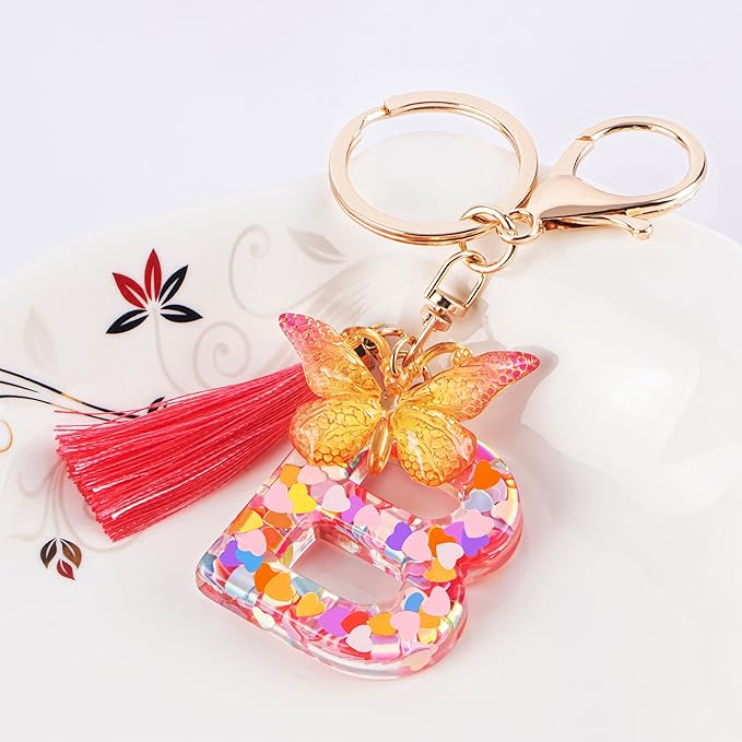 Suweibuke Colourful Cute Initial Letter Keychains for Women Girls with Tassel Butterfly, Charm for Purse Handbags Backpacks