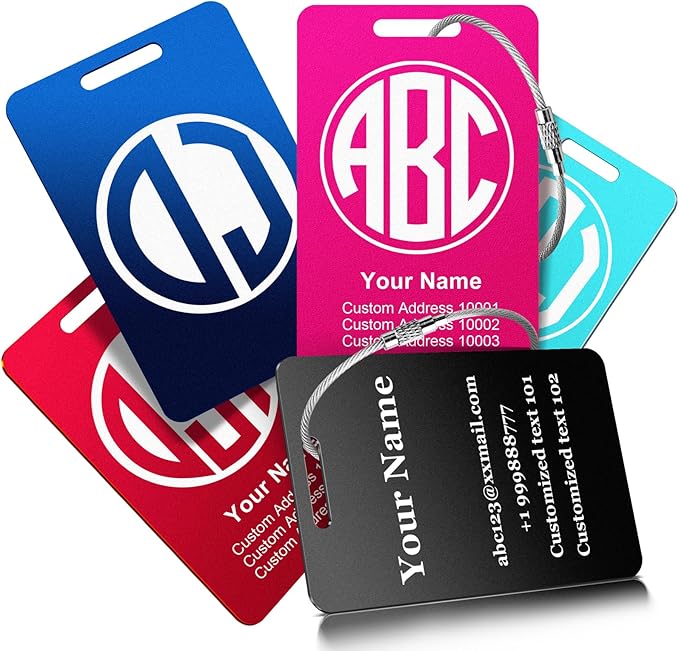 Personalized Metal Luggage Tags for Suitcases - Laser Engraved Monogram Custom ID Luggage Name Tag Pink Black - Travel Bag Backpack Tags for Kids Women Golf Baggage Accessories