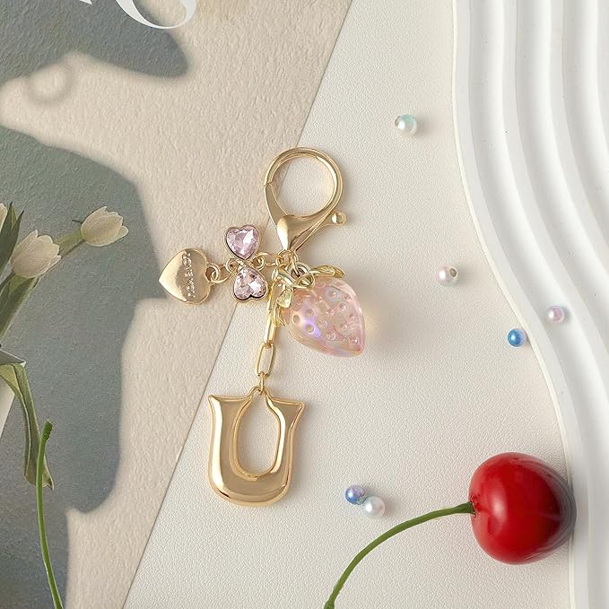 Snycler Bubble Initial Keychain with Strawberry & Bow- Gold Letter Bag Charms for Women, Cute Purse Handbag Accessories