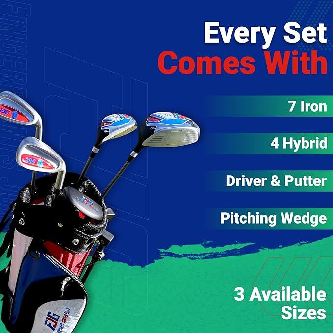Fingerprints Junior Golf Club Set - Perfect for Junior Golfers - Left-Handed & Right-Handed Options - Complete Set in Multiple Sizes with Driver, Hybrid, 7i, PW, Putter & Stylish Stand Bag