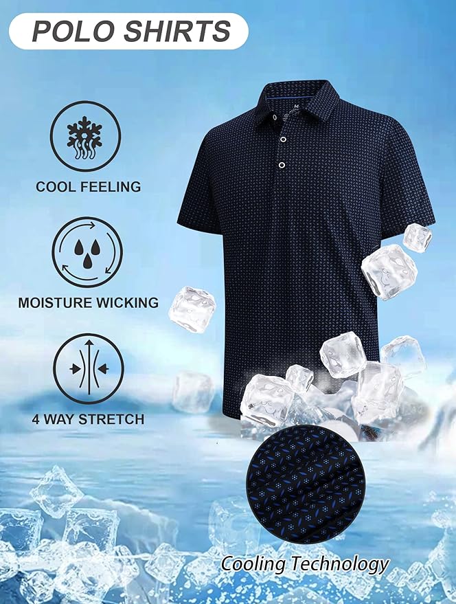 Esabel.C Golf Shirts for Men Dry Fit Performance Short Sleeve Print Moisture Wicking Collared Shirt