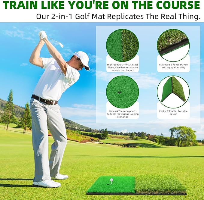 Golf Practice Mat Golf Hitting Mat for Swing, Putting & Chipping | Portable Golf Training Mat Indoor/Outdoor, Dual-Turf/Tri-Turf Golf Mat with 8 Tees