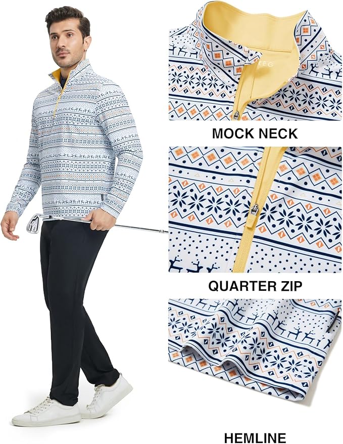 M MAELREG Quarter Zip Golf Pullover Men Dry Fit Long Sleeve Performance Wicking 1/4 Zip Full Print Pullover Mens Sweatshirt