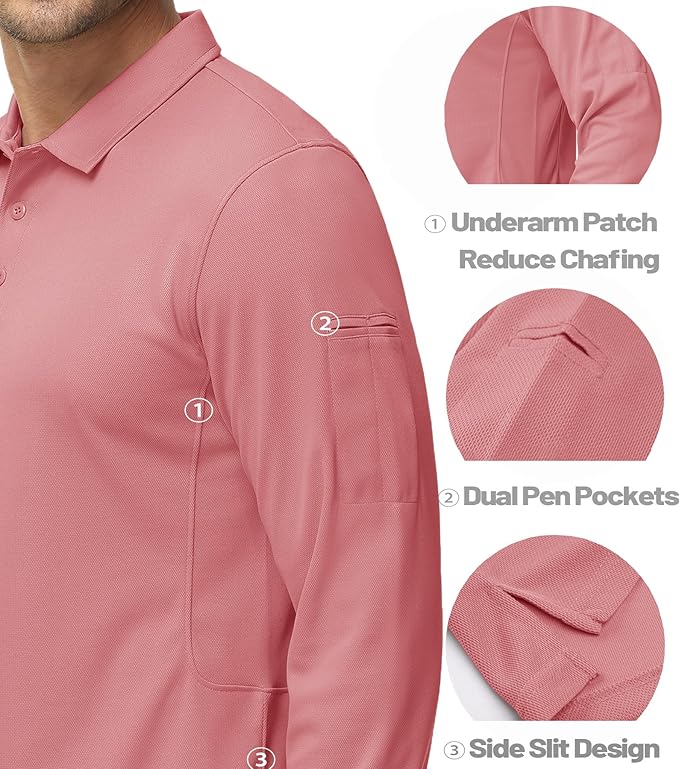 MAGCOMSEN Men's Polo Shirts 3 Button Quick Dry Performance Long Sleeve Tactical Shirts Pique Jersey Golf Shirt