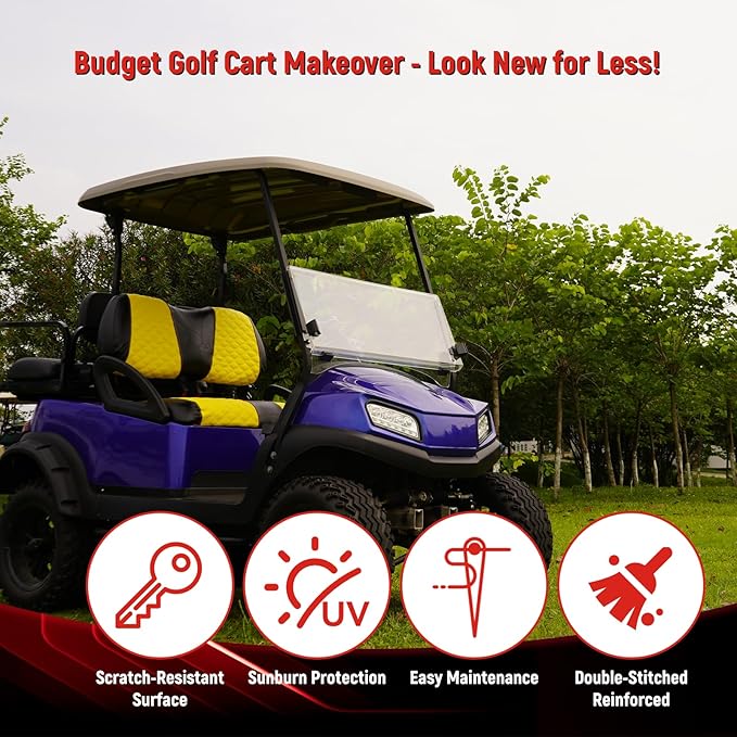 Golf Cart Front and Rear Seat Covers Waterproof and Sun Resistant Marine Grade Vinyl Leather Seat Cover Accessories for Club Car Precedent 2004+, Yellow(4PCS)