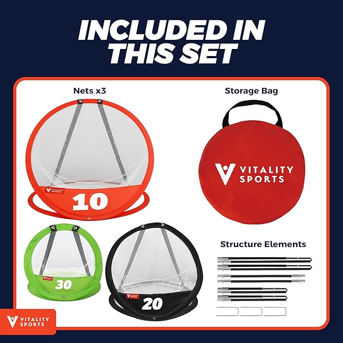 Vitality Sports Golf Chipping Net, 3PCS Pop-Up Golf Practice Net for Backyard, Indoor Outdoor Chipping Game with 3 Targets, 1 Hitting Mat, 20 Balls, Tee Box