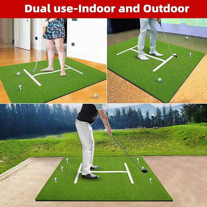 Golf Mat 5x4ft Thicken Golf Hitting Mats Outdoor, Golf Practice Swing Mat, Golf Stance Mat, Golf Training Aid, Non-Slip/High-Elastic Base, w/ 10 Golf Tees & 8 Golf Balls