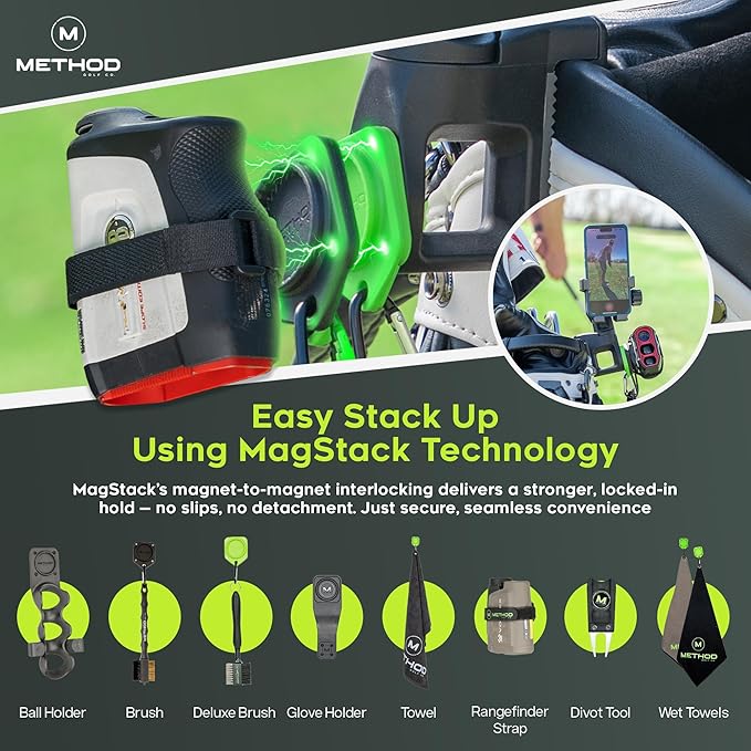 Method Golf CarryStack Golf Bag Phone Holder – Heavy Duty Magnetic Phone Mount for Most Smartphones with Magnetic Range Finder Strap- Full Rotation Open Face Design Converts Any Bag into a Tripod