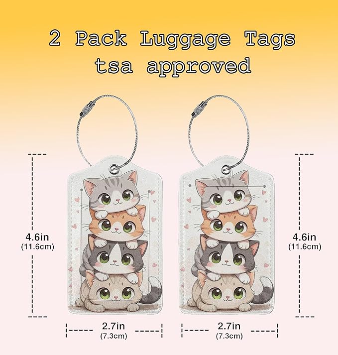 TSA Approved Luggage Tags for Suitcases Cute cat 2 Pack Funny Leather Carnival Cruise Airport Cute Travel Name Tags Golf Bag tag Ships Essentials Privacy Cover ID Label for Women Men