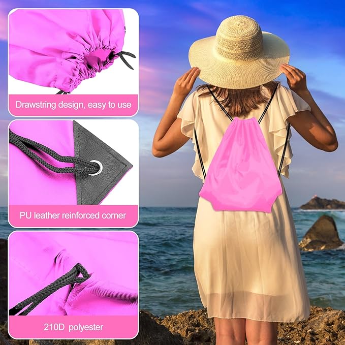 KUUQA 2 Pcs Drawstring Backpack Bags Bulk Pink Drawstring Bag Foldable Gym Bag Sports Cinch Sack String Backpack Storage Bags for Women Men Shopping Gym Travel Sports