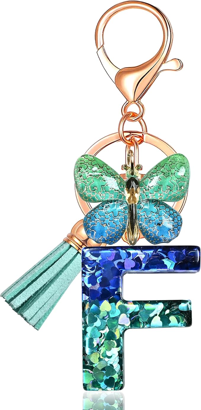 JINGUAZI Initial letter Keychains for Women Tassel Butterfly Pink Purple Cute Car Keychain for Wallet Backpack bag charm