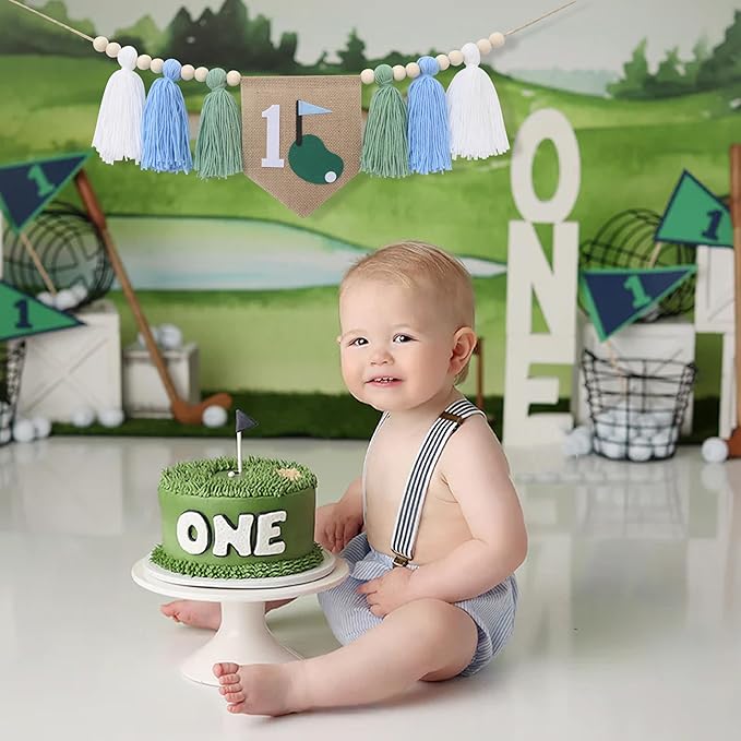 Golf Theme 1st Birthday Tassels High Chair Banner - Green Blue Golf Hole In One First Birthday Decorations