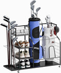Golf Bag Storage Organizer with Wheels, Garage Golf Equipment Rack for 2 Golf Bags, Clubs, Shoes & Accessories – Heavy Duty Metal Golf Bag Storage Stand for Garage, Basement, Home or Shed