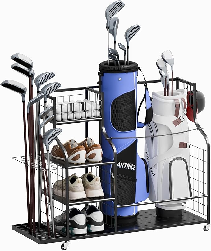 Golf Bag Storage Organizer with Wheels, Garage Golf Equipment Rack for 2 Golf Bags, Clubs, Shoes & Accessories – Heavy Duty Metal Golf Bag Storage Stand for Garage, Basement, Home or Shed