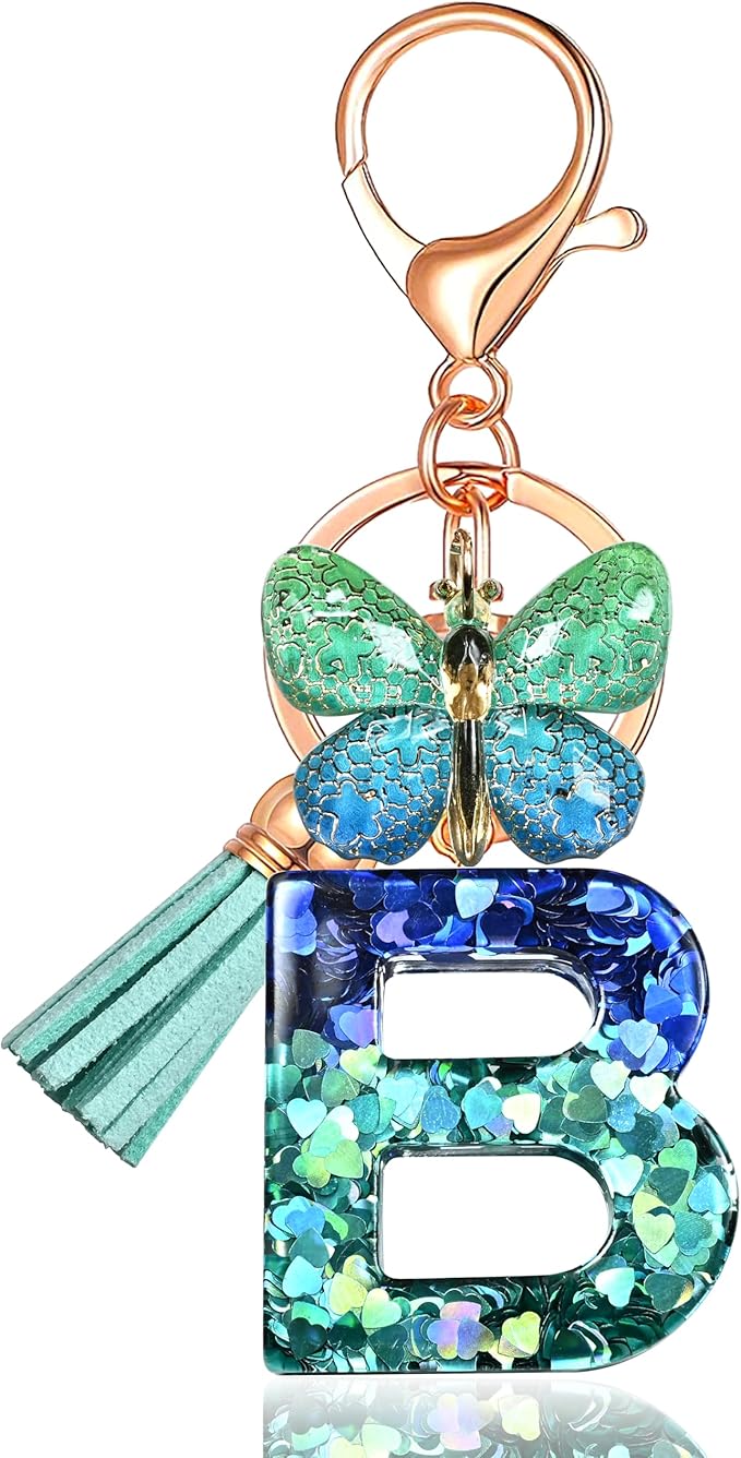 JINGUAZI Initial letter Keychains for Women Tassel Butterfly Pink Purple Cute Car Keychain for Wallet Backpack bag charm
