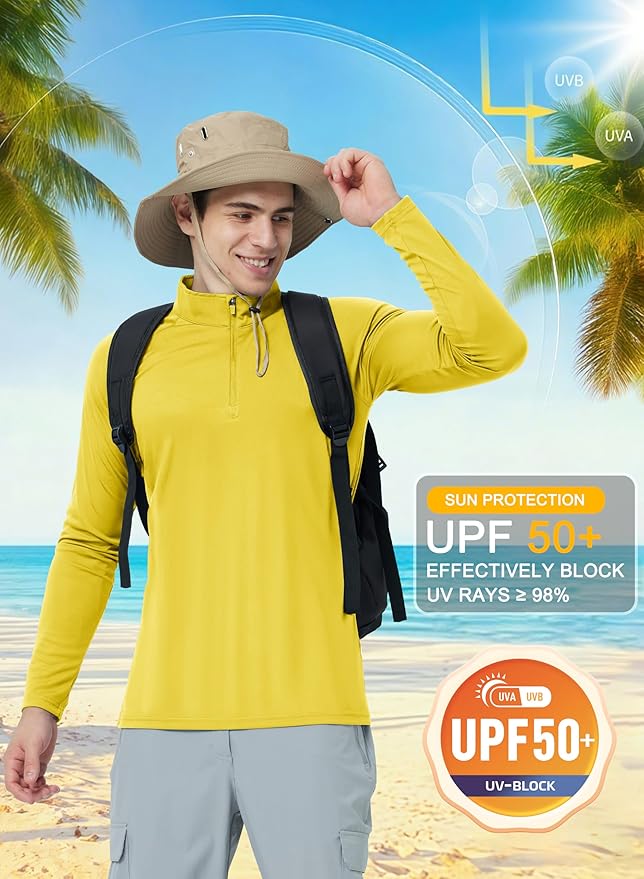 CRYSULLY Men's Long Sleeve 1/4 Zip Shirts Sun Protection Pullover UPF 50+ Rash Guard Running Lightweight T Shirt