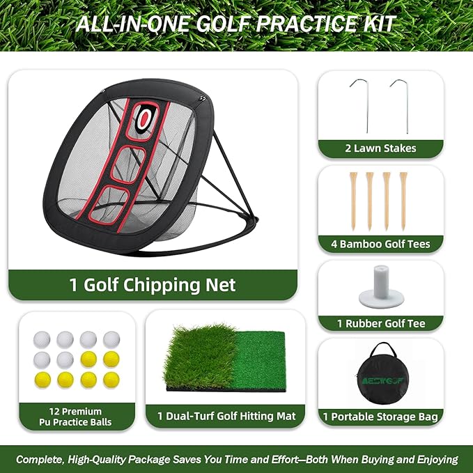 Golf Chipping Net Set with Mat & 12 Practice Balls – All-in-One Golf Training Kit – Portable, Easy Setup for Backyard & Indoor Use – Great Gift for Golfers and Beginners