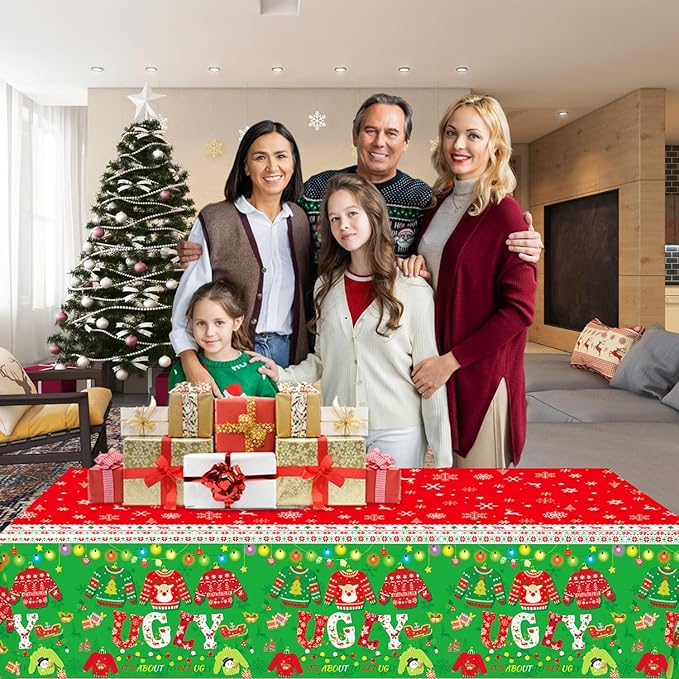 3 Pieces Christmas Tablecloth Plastic Ugly Sweater Table Cover for Ugly Sweater Party Decorations Christmas Party Supplies, 54x108 inch