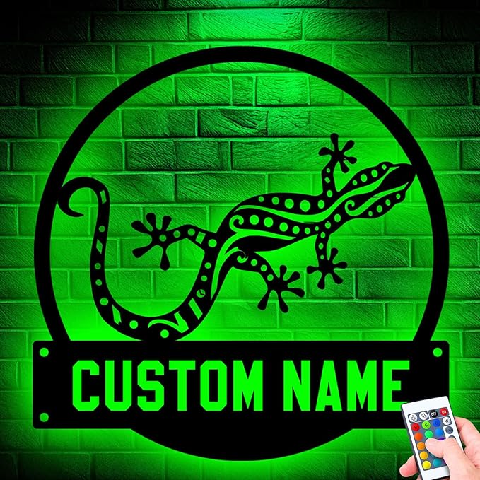 Custom Gecko Metal Sign with LED Lights, Personalized Metal Wall Art for Home Decor, Unique Hanging Gift Idea for Gecko Lovers, Stylish Indoor & Outdoor Decor, Perfect for Any Space