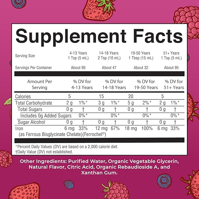 Iron Supplement for Women Men & Kids | Liquid Iron Supplement for Women Men & Kids | Iron for Healthy Blood & Oxygen | Ages 4 & Up | Sugar Free | Vegan | Non-GMO | Gluten Free | 16 Fl Oz