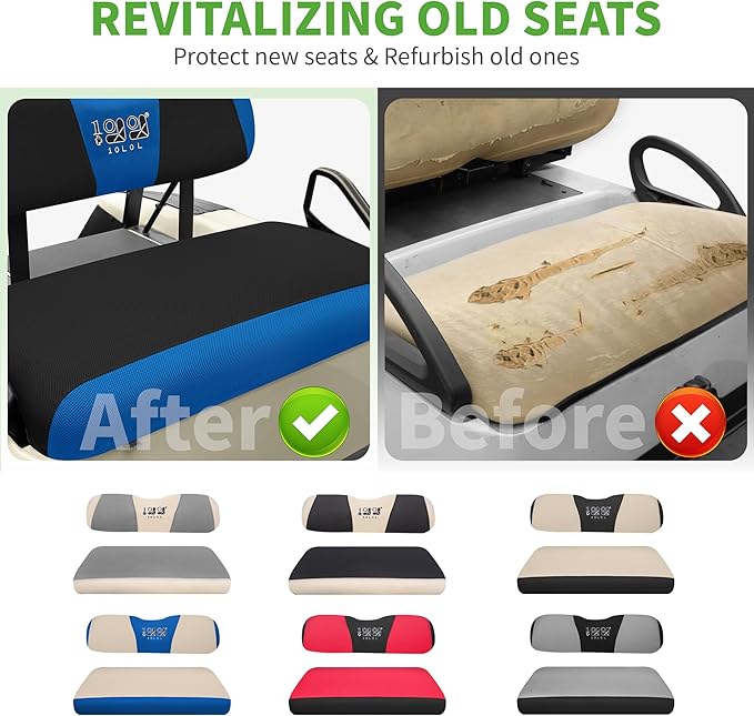 10L0L Golf Cart Seat Covers Kit - Universal Fit for EZGO TXT/RXV Front Seats | Breathable Mesh Fabric | Easy Installation | Black & Blue (No Staples Required)