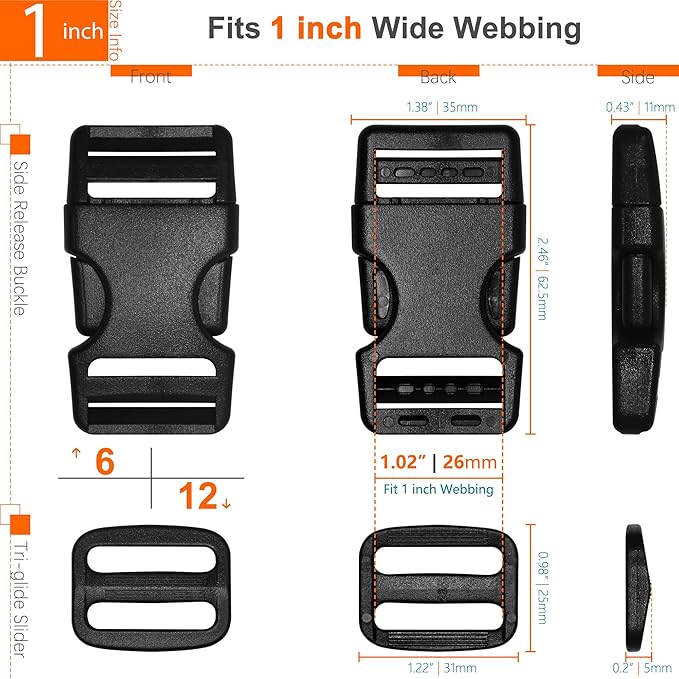 1" Straps and Buckles Set: 6 yard Nylon Webbing 1 inch (25 mm) Wide, 6 pack Side Release Buckle, 12 pcs Tri-Glide Sliders, Plastic Clip Quick Fastener Replacement Heavy Duty Dual Adjustable No Sew