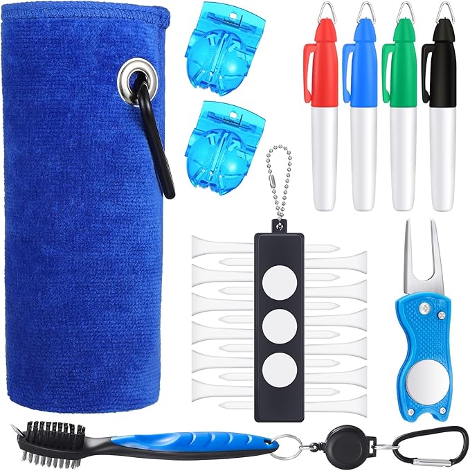 Sumind 22 Pcs Golf Accessories Kit Golf Essentials Club Cleaning Kit for Men Include Cleaning Brush Towel Marking Pen Line Marker Tee Holder with Tee Repair Divot Tool for Christmas Ideal Gift(Blue)