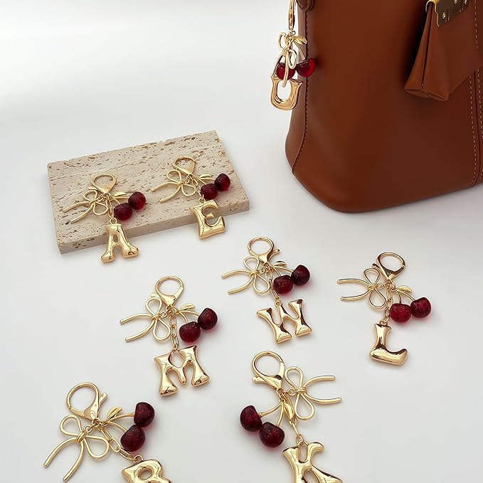 Gold Bubble Heart, Cherry, Bow & More Designs Letter Initial Keychain Bag Charms – Cute Purse Charms for Handbags