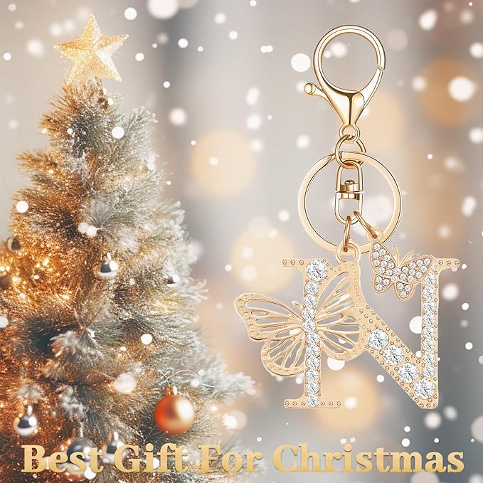 Gold Plated Alphabet Initial Letter Keyring Keychain for Women Girls Crystal Key Chains for Wallet Backpack Bag Charm