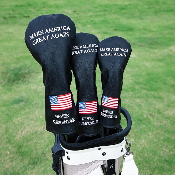 Golf Headcovers Golf Club Head Covers MAGA Style Elegant Embroidery Premium Leather Driver Fairway(FW) Wood Hybrid(UT) with Number Tags, 3 Wood Headcover Set