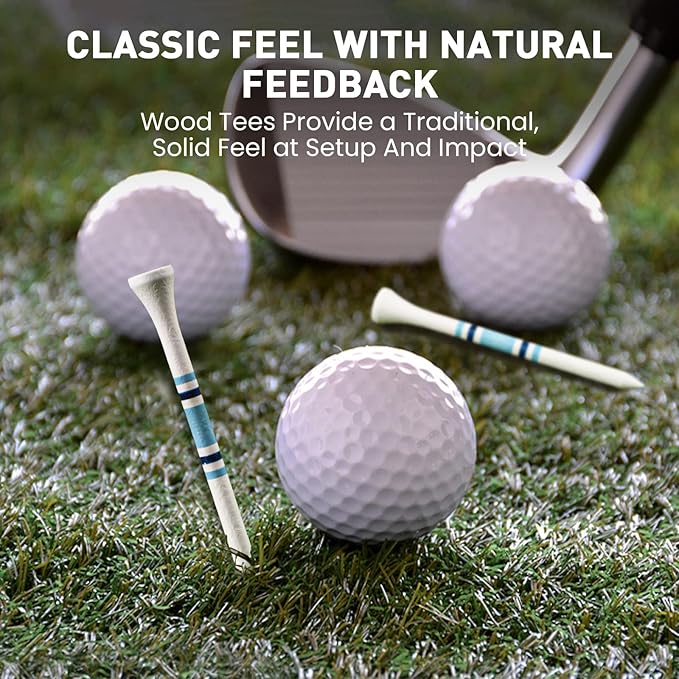 FINGER TEN Golf Tees Wood 3 1/4 2 3/4 Inch Value 50/120 Count, Durable Tees with Bright Colored Stripes for Consistent Height, 70mm 83mm Long Tees Ideal for Golfers