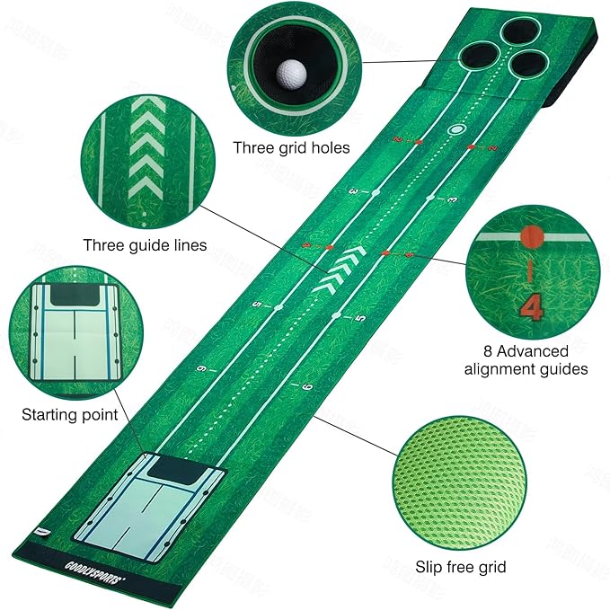 New Portable Golf Putting Mat, Mini Golf - Putting Green Indoor + Putting Green Outdoor - Putting Mat with 3 Balls + Retractable Push Rod (Youth) - Putting Matt for Indoors, Golf Gifts for Men Kids