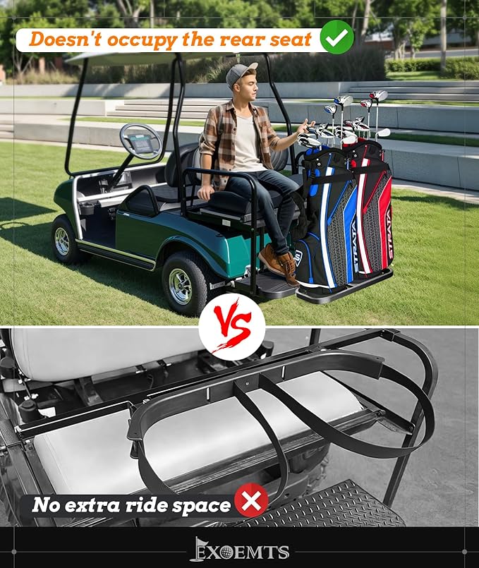 Universal Foldable Golf Cart Rear Seat Bag Holder, Upgraded Golf Cart Rear Seat Bag Rack Fits 8-Inch Max Width Safety Grip Bar, for EZGO Club Car Yamaha, Preinstalled, Space-Saving, No-Drill