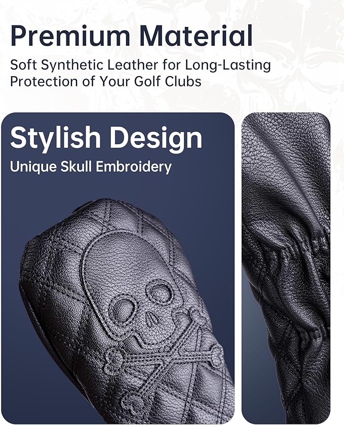 Golf Club Covers – Driver Headcover, Black Skull Leather, Fairway Wood & Hybrid, 3 Wood Headcover, Waterproof Easy-Clean, Universal Fit