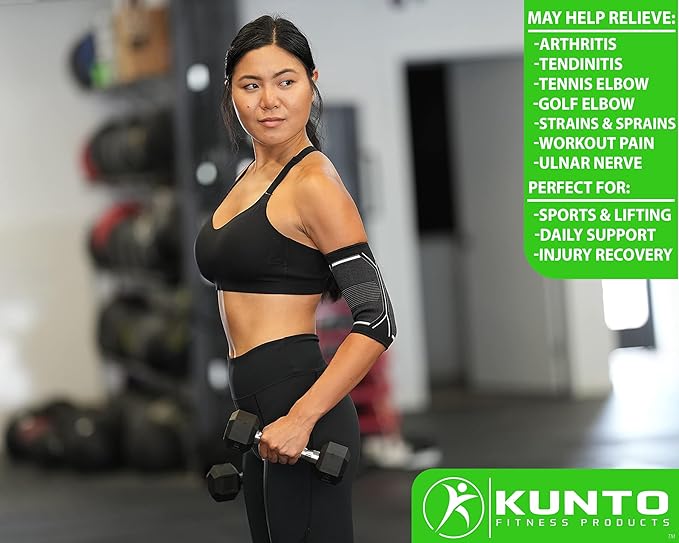 Kunto Fitness Elbow Brace Compression Support Sleeve (Shipped From USA) for Tendonitis, Tennis Elbow, Golf Elbow Treatment - Reduce Joint Pain During Any Activity!