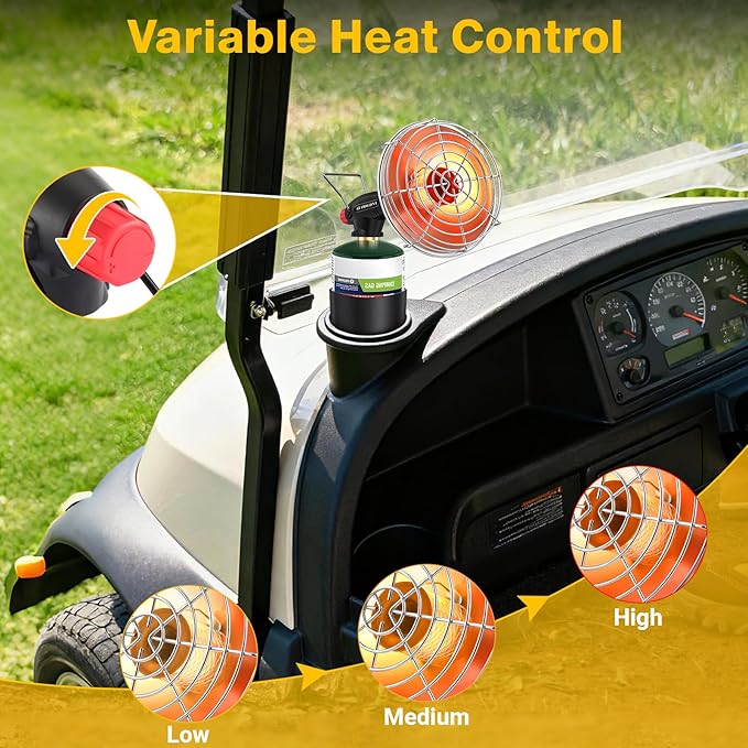 Golf Cart Heater,9200BTU Outdoor Propane Heater with 2-in-1 Golf Cart Cup Holder & Foldable Cylinder Holder for EZGO Yamaha Club Car,Most Golf Carts-Fuel Cylinder not included